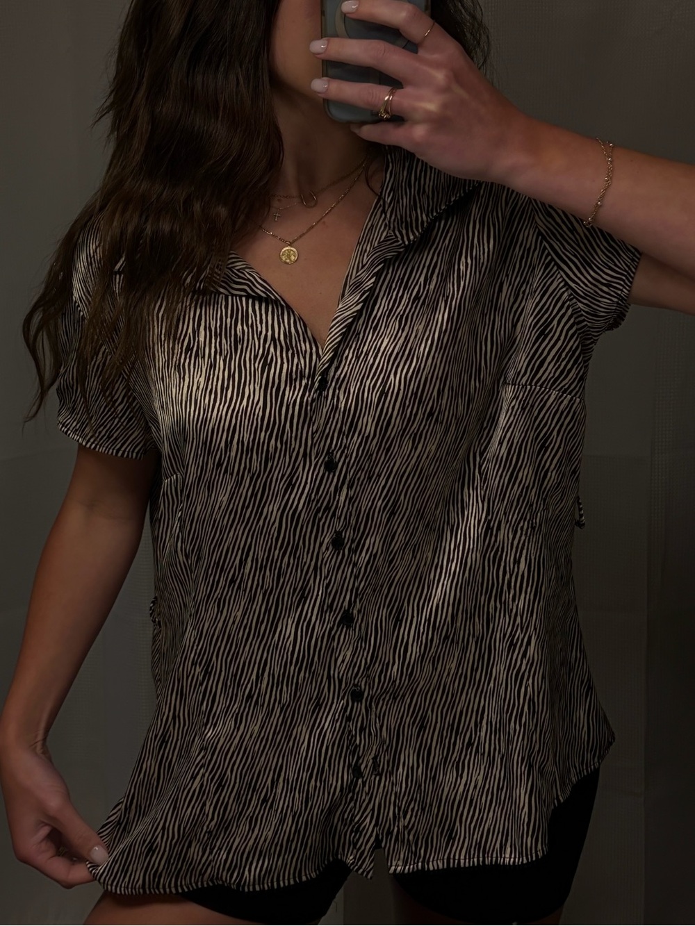 Woven Zebra-Stripe Button-Up Shirt - Black/White